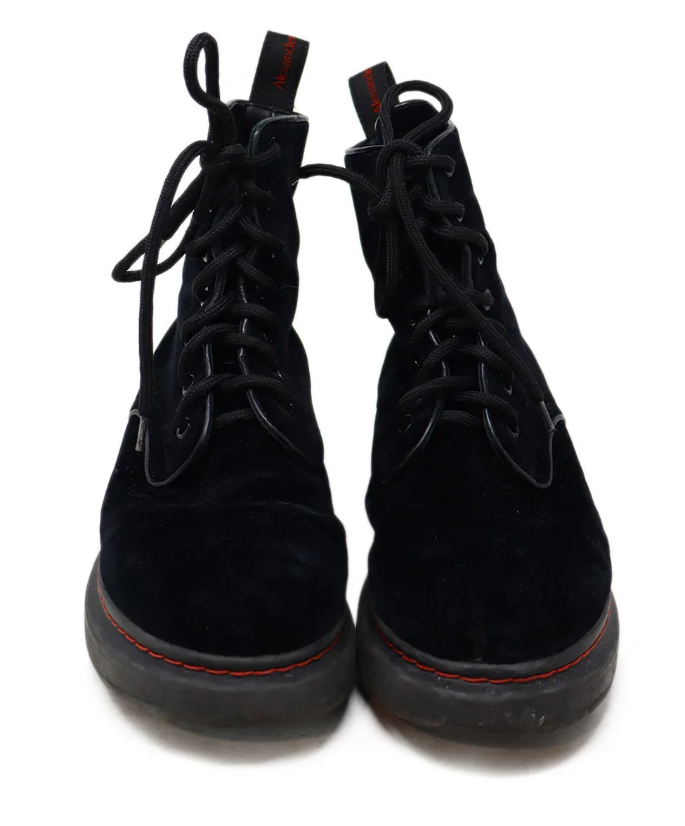 Alexander McQueen Black Velvet Lace Up Booties sz 7 - Image 4