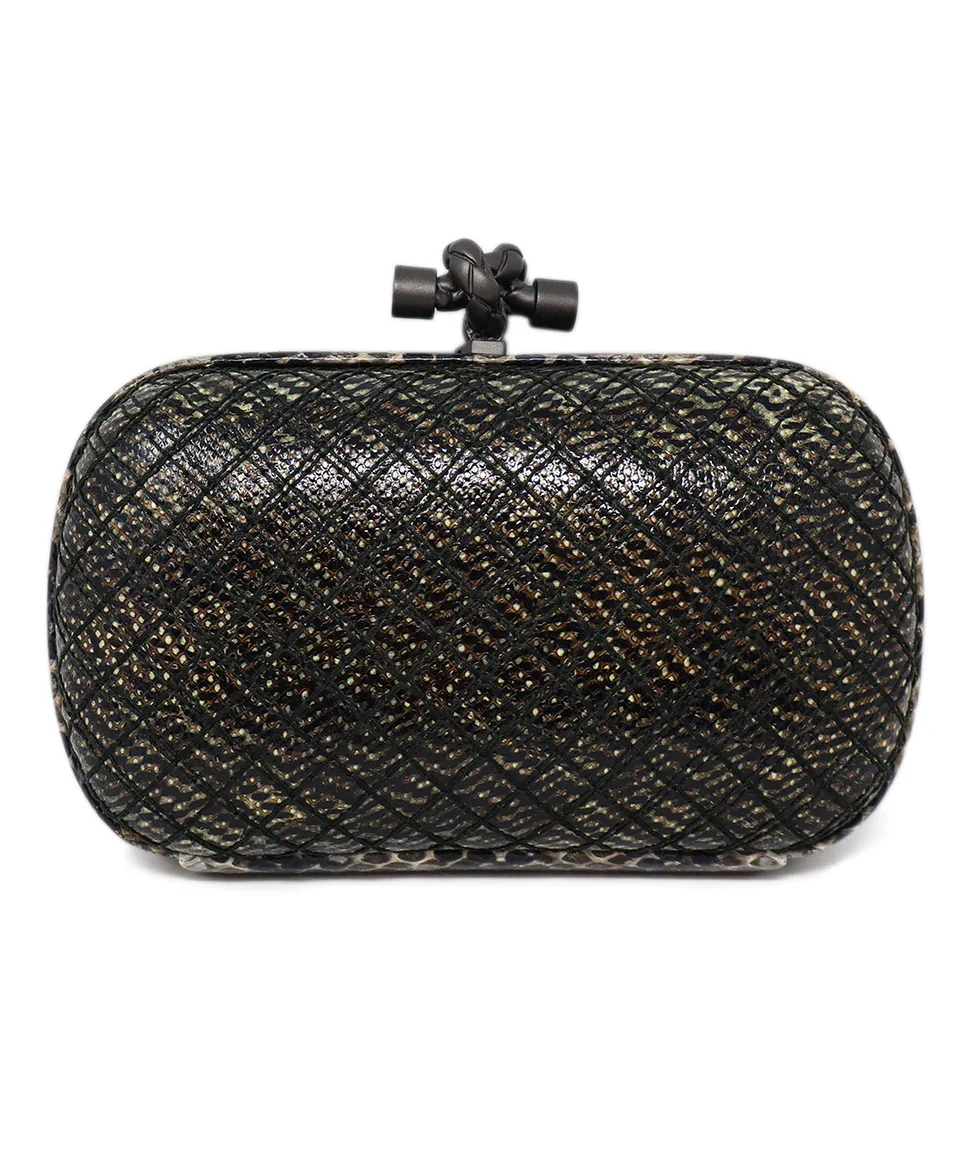 Bottega Veneta Black & Taupe Snakeskin Knot Clutch - Image 3