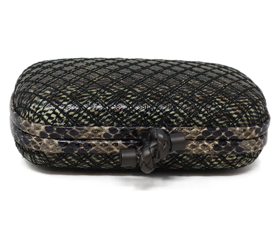 Bottega Veneta Black & Taupe Snakeskin Knot Clutch - Image 5