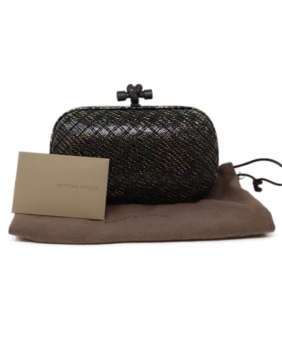 Bottega Veneta Black & Taupe Snakeskin Knot Clutch - Image 6