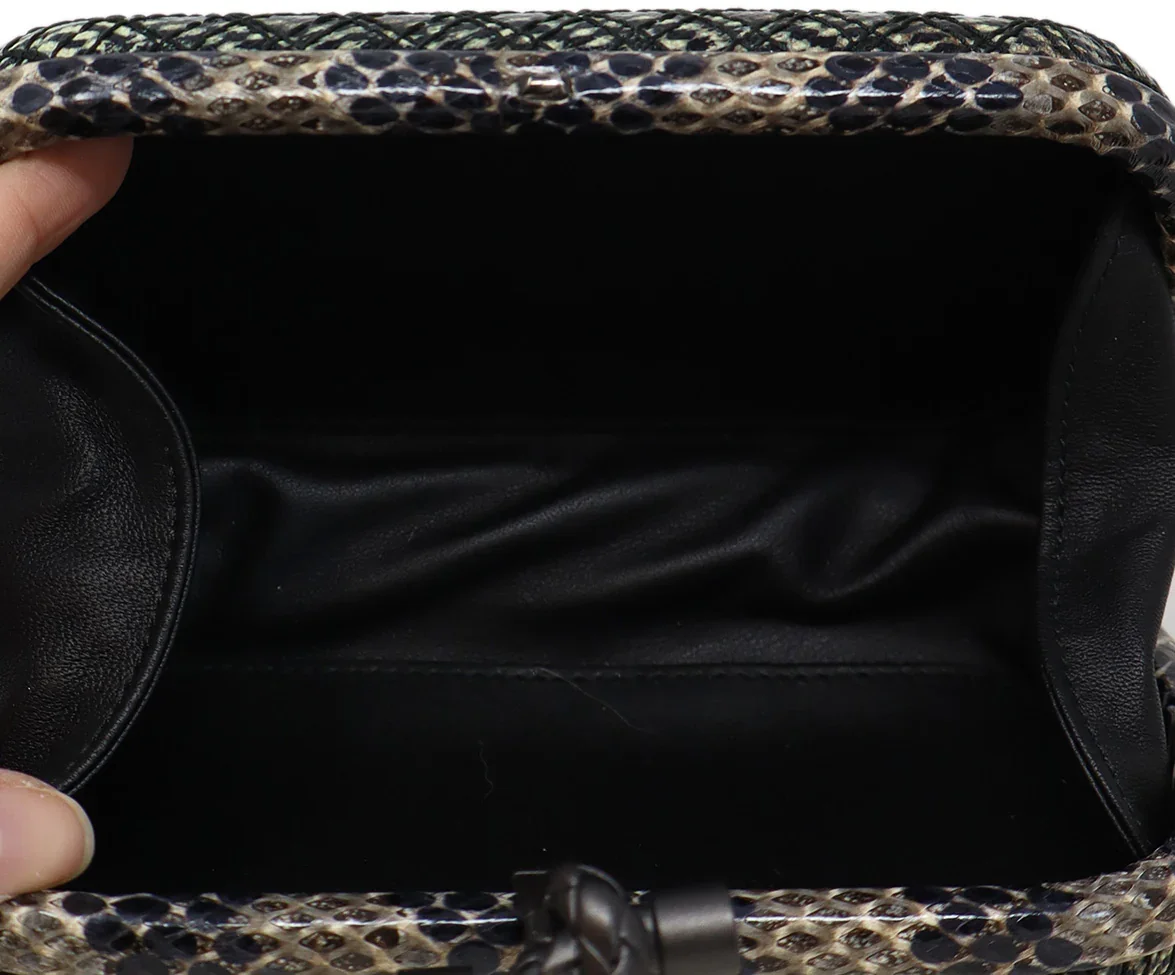 Bottega Veneta Black & Taupe Snakeskin Knot Clutch - Image 7