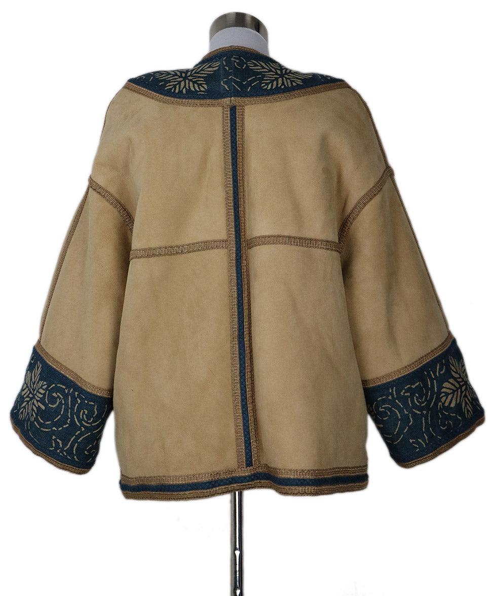 Carlo Tivioli Tan Shearling & Blue Linen Coat sz 4 - Image 3