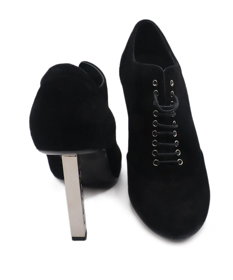 Chanel Black Suede Silver Metal Heel Lace Up Shoes Sz. 6.5 - Image 3