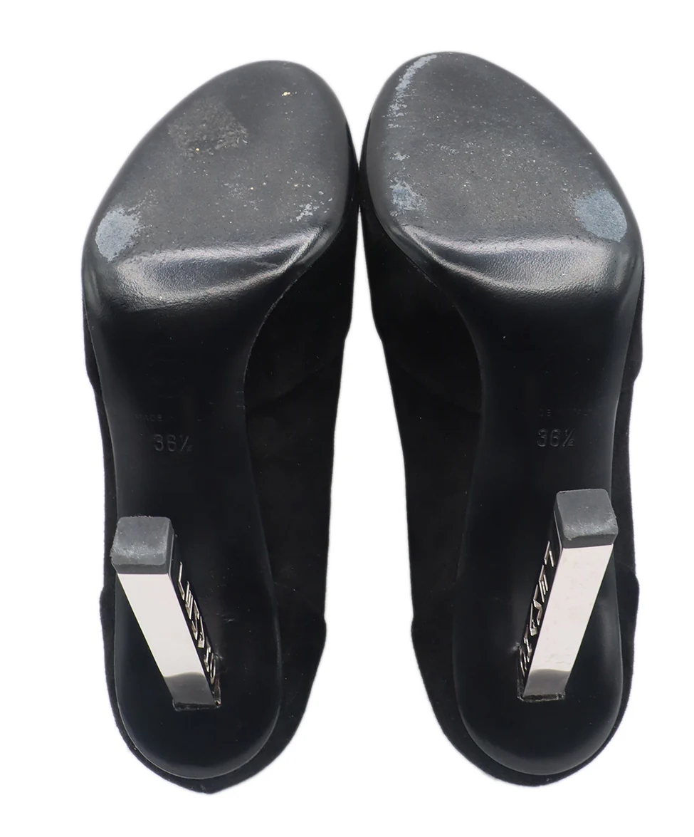 Chanel Black Suede Silver Metal Heel Lace Up Shoes Sz. 6.5 - Image 5