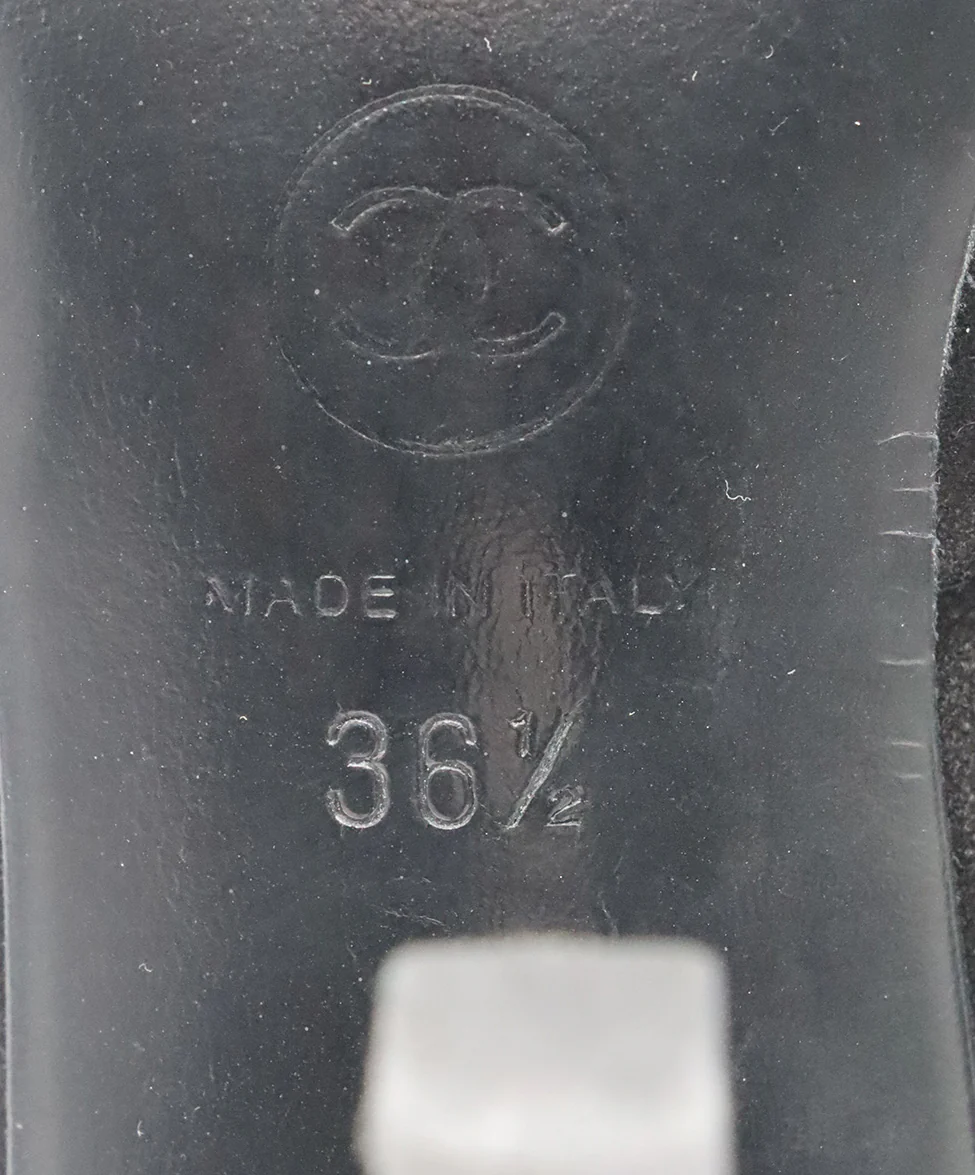 Chanel Black Suede Silver Metal Heel Lace Up Shoes Sz. 6.5 - Image 6