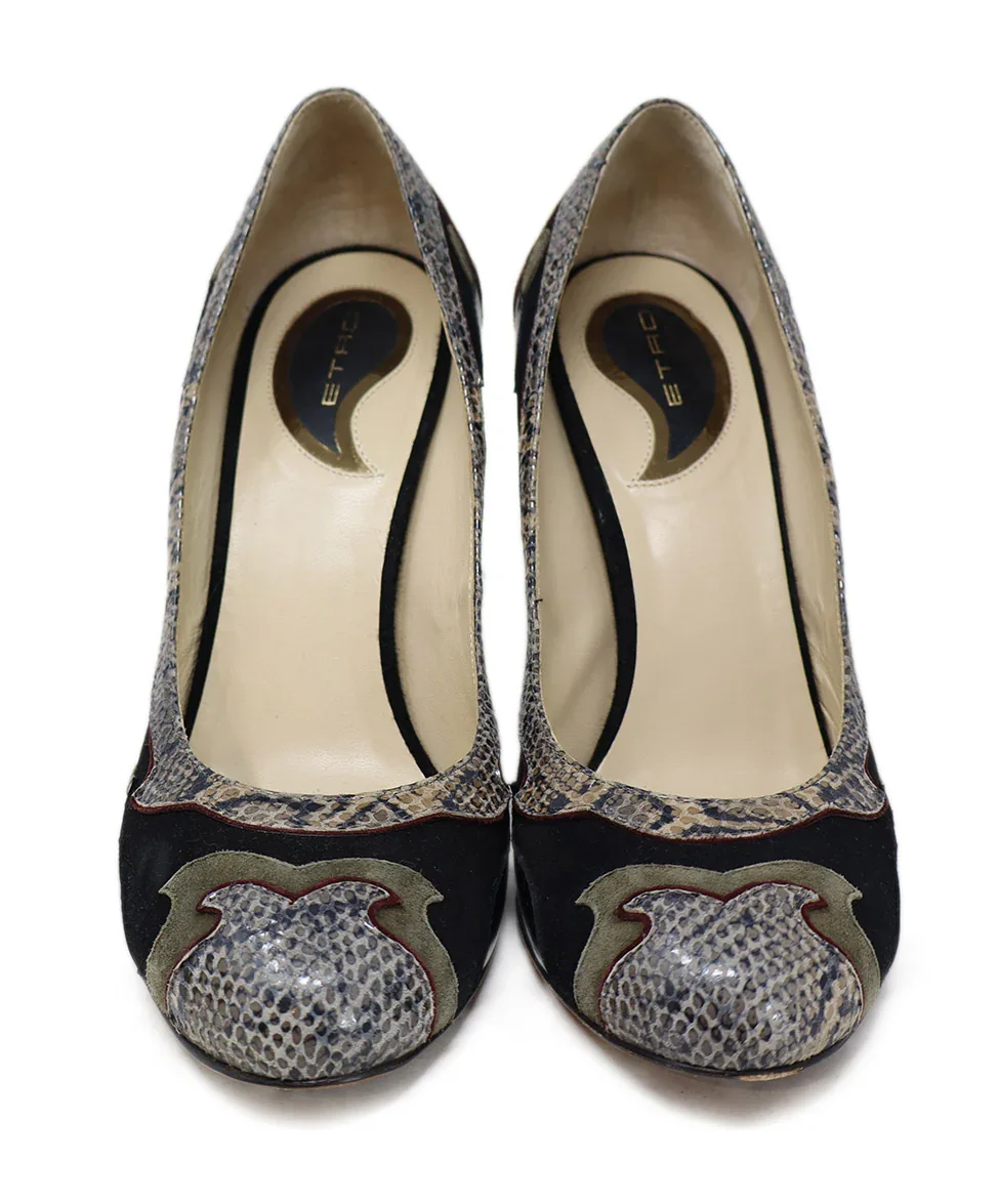 Etro Black & Green Snake Print Heels sz 9 - Image 4