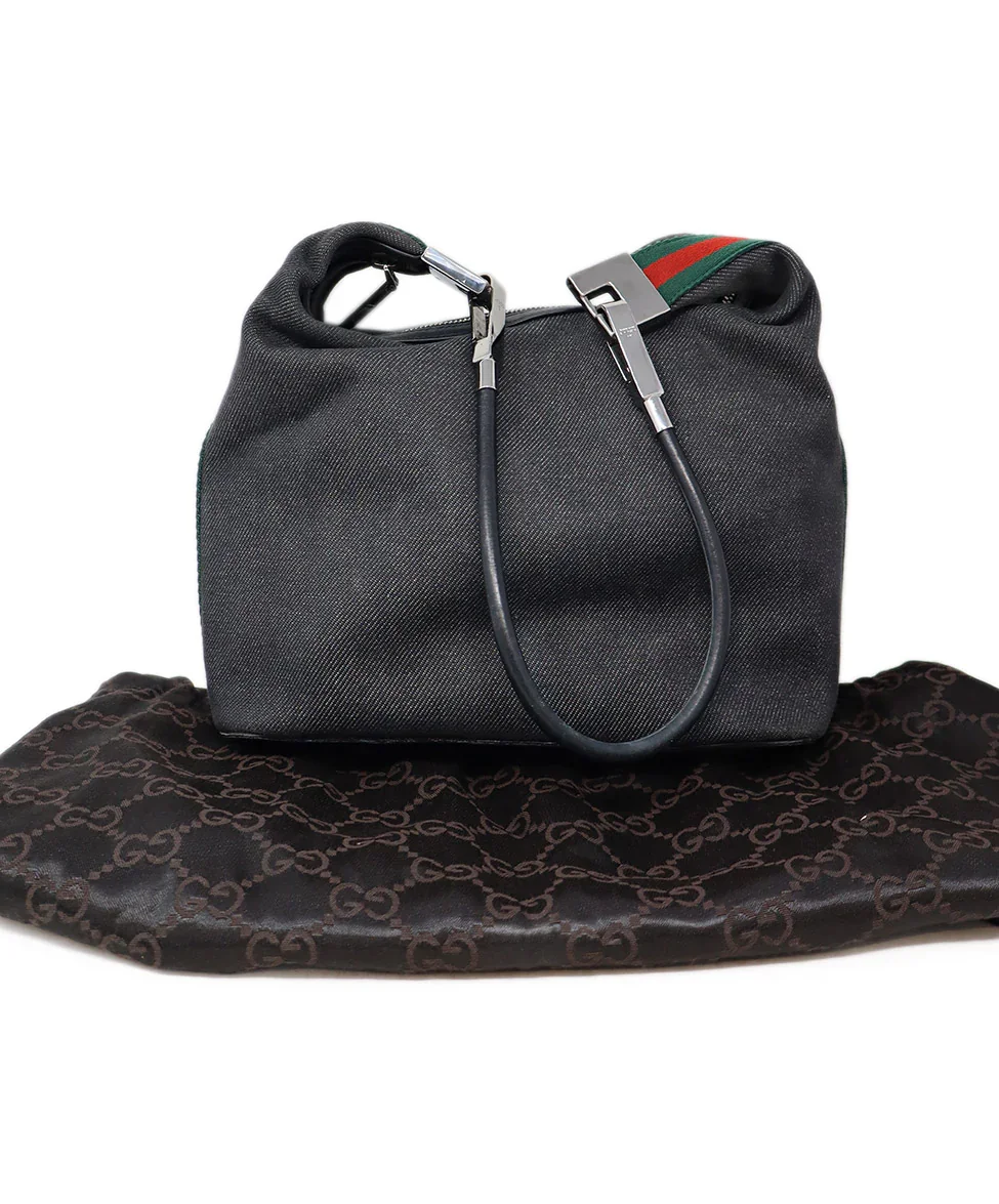 Gucci Black Denim Sherry Stripe Shoulder Bag - Image 6