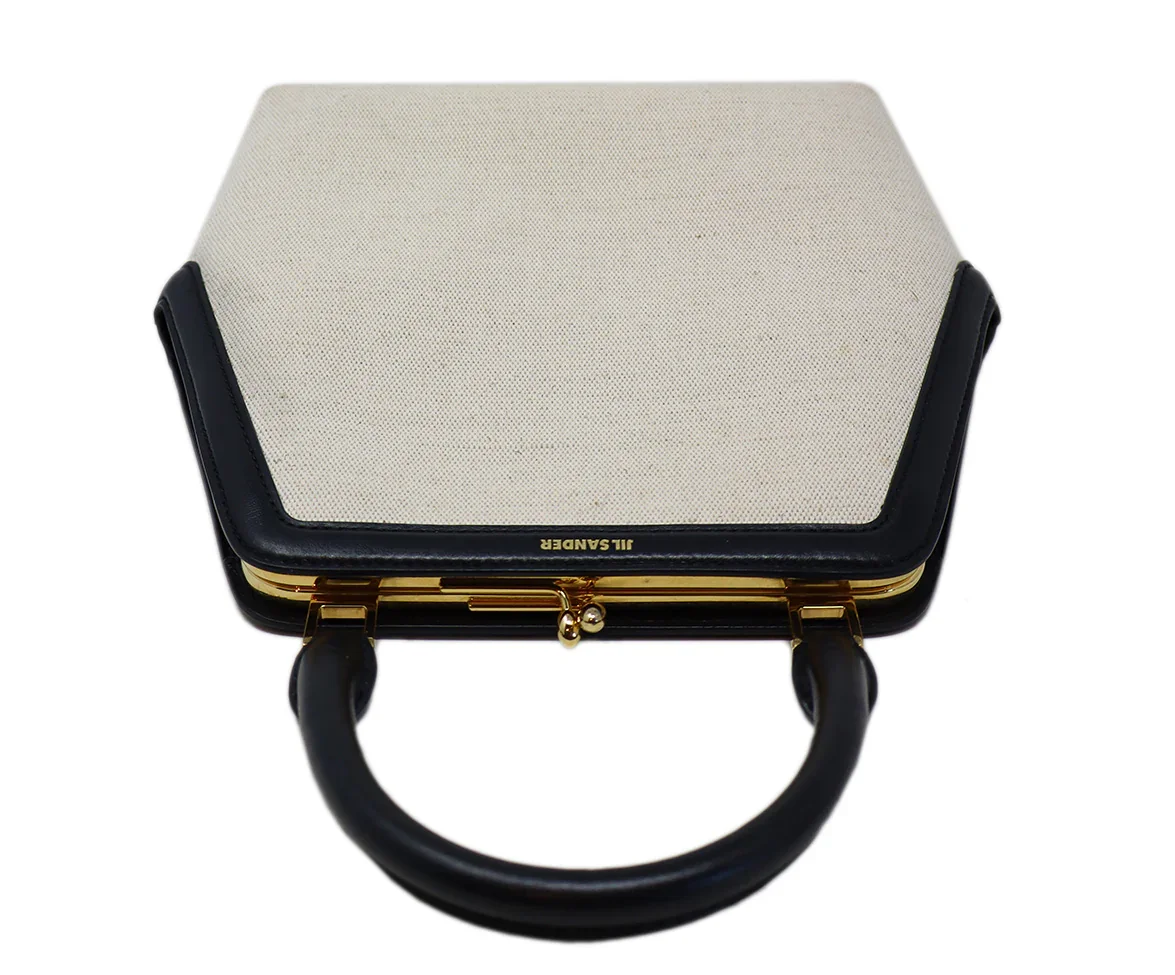 Jil Sander Beige Canvas & Black Leather Handbag - Image 5