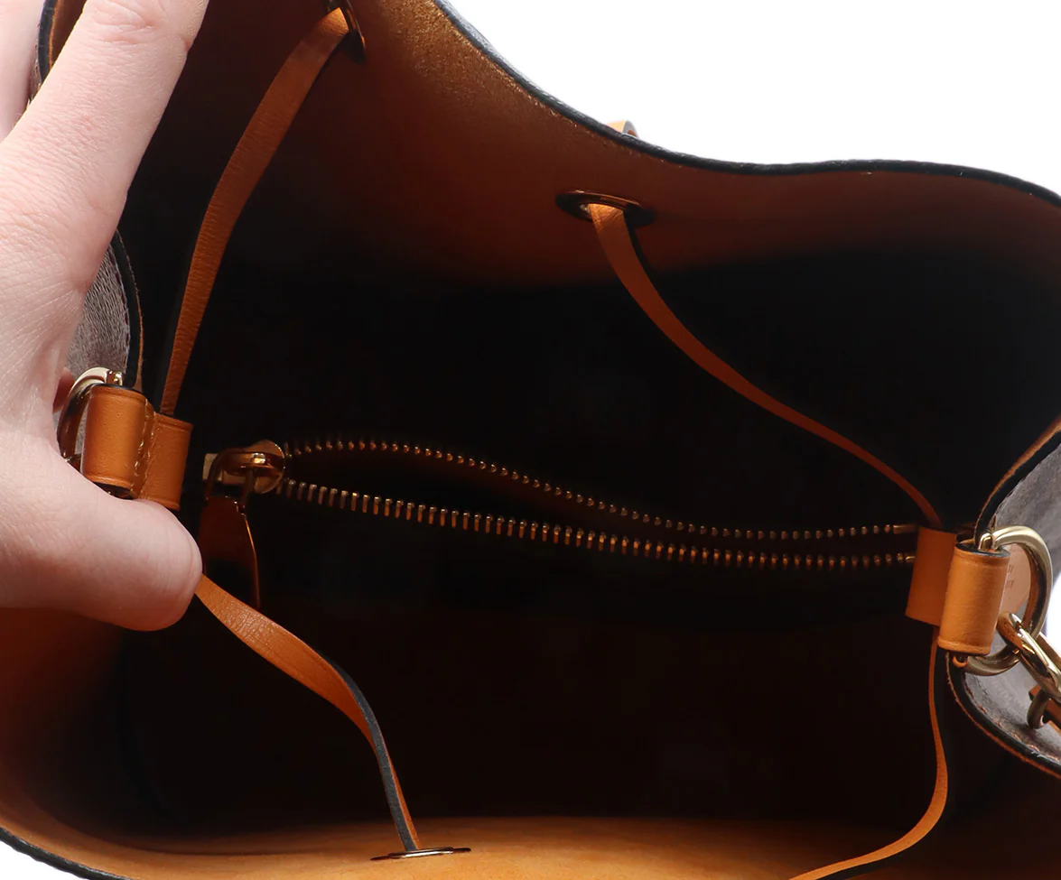 Louis Vuitton Leather Brown Tan & Monogram Drawstring Handbag - Image 6